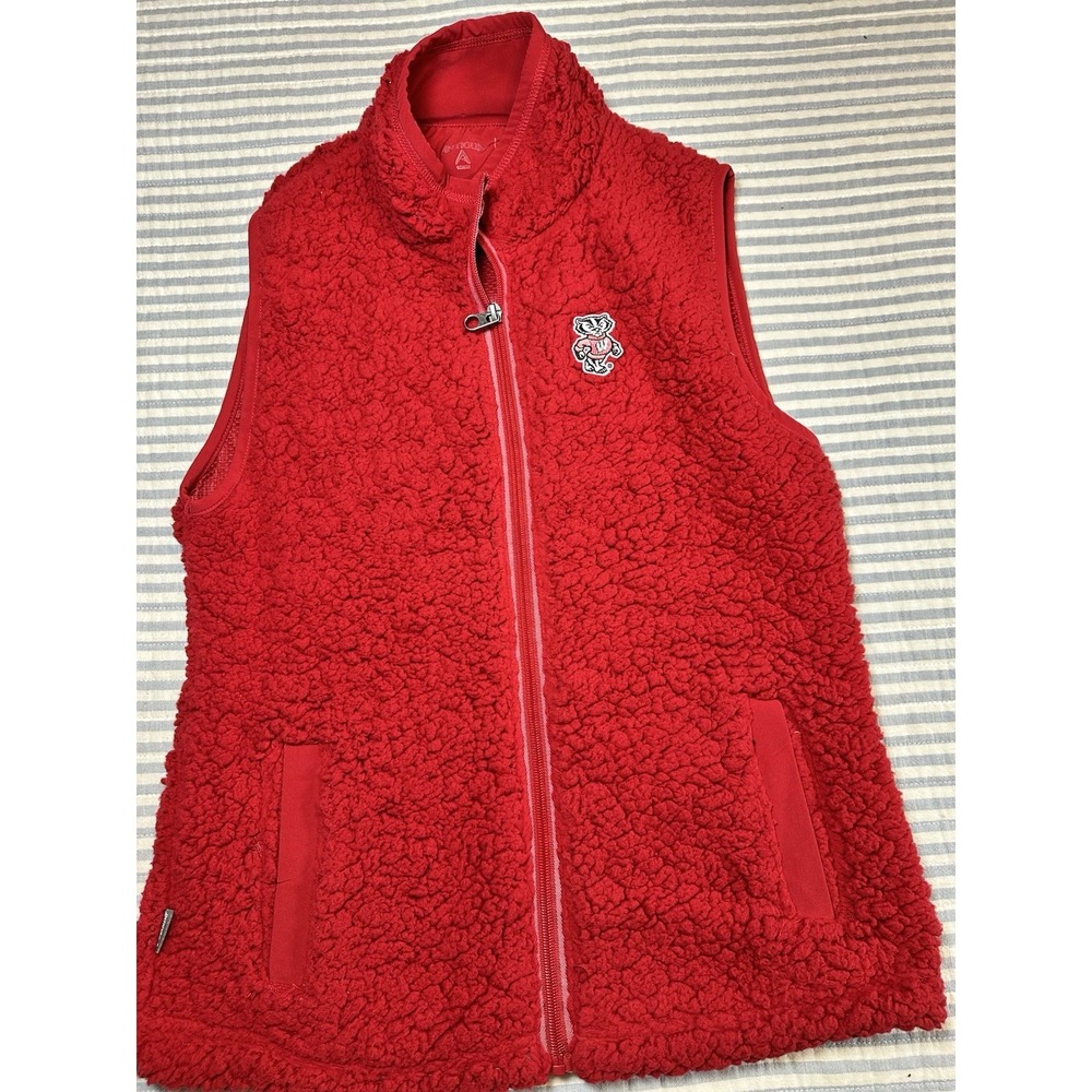 Antigua Wisconsin Badgers Sherpa Fleece Vest Women's Small Red Full Zip‎ NCAA